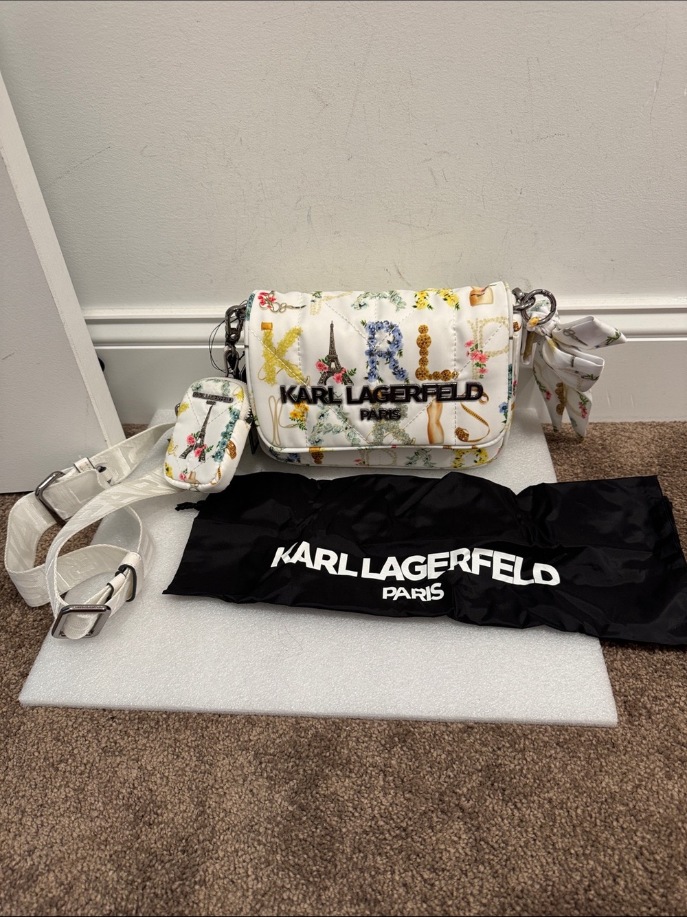 Karl Lagerfeld Paris voyage logo crossbody bag purse with bow & pouch NWT